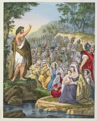Johannes predigt in der Wildnis, aus einer Bibel gedruckt von Edward Gover, 1870er